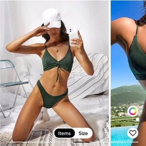 ZAFUL Lace Up Cheeky Textured Cinched Bikini Swimwear - Deep Green S